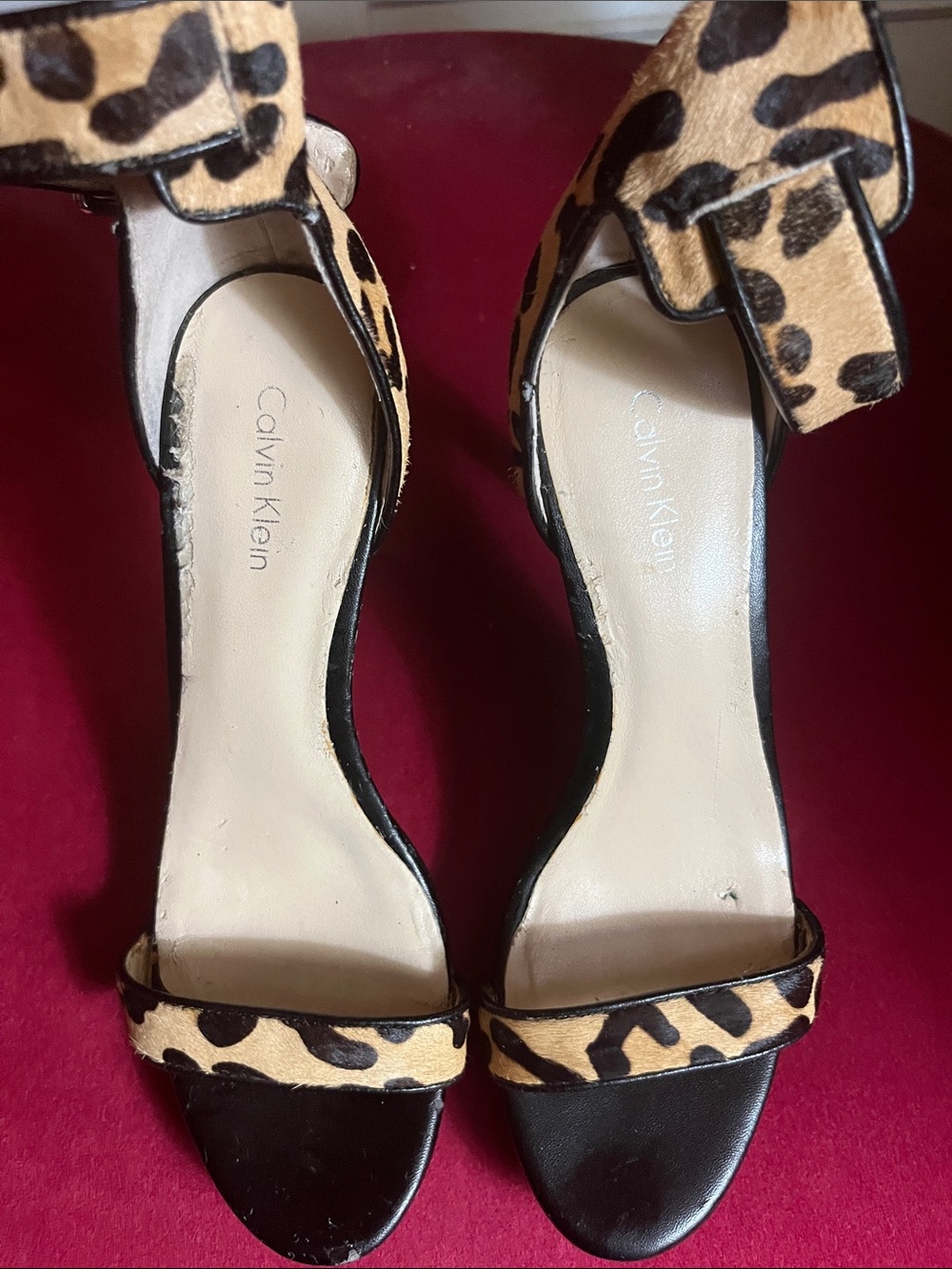 Calvin Klein Leopard Accent Open-Toe Heels in Tan and Black